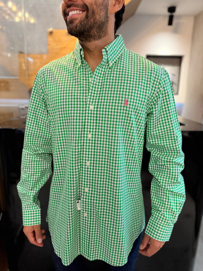 Camisa Polo R.L hombre Algodón Cuadros Verdes Limón Con Blanco Caballo Rosa