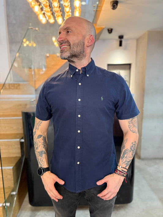 Camisa Polo R.L hombre Oxford Manga Corta Slim Fit Azul Oscura Caballo Verde