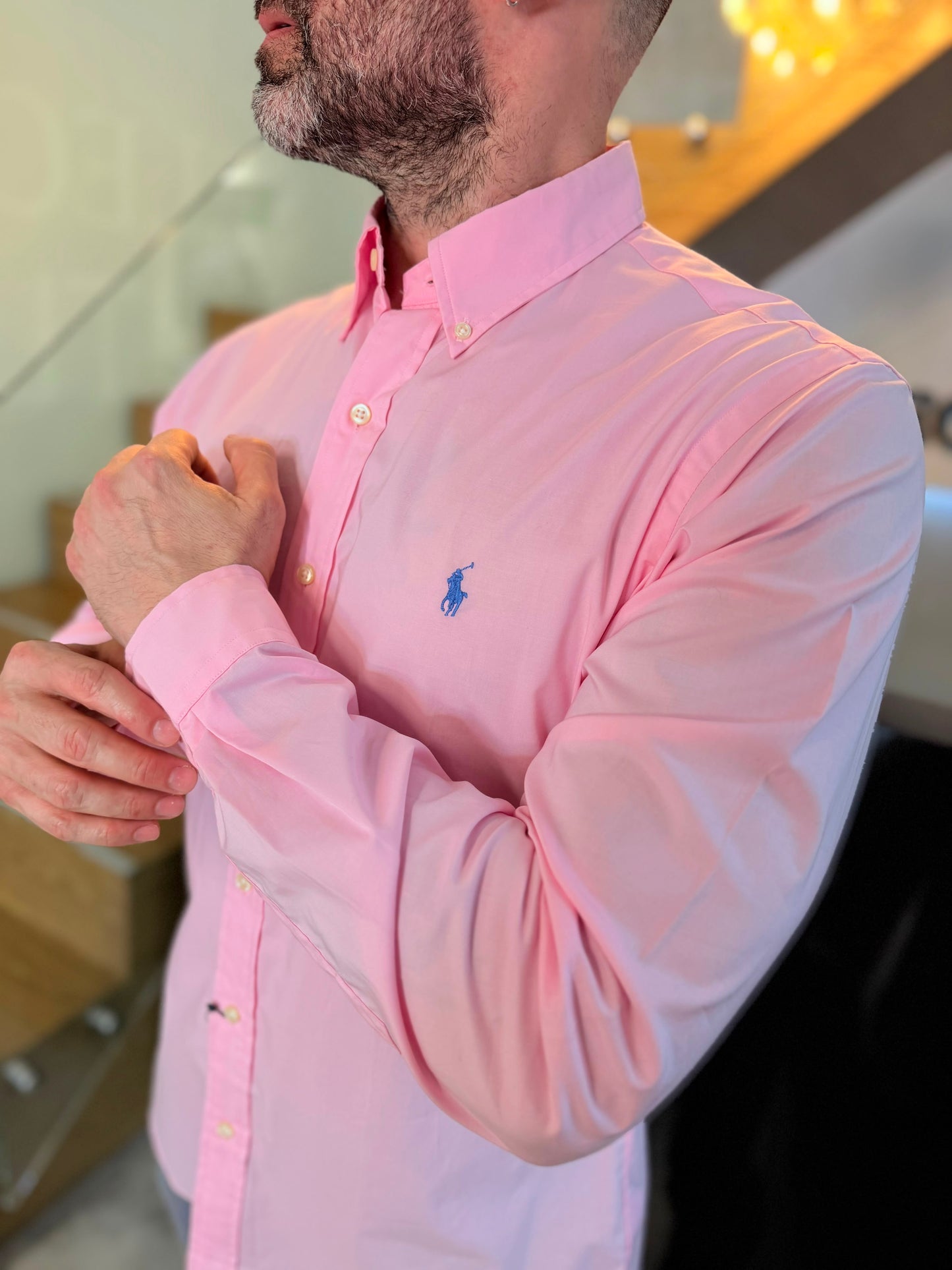 Camisa Polo R.L hombre Algodón Slim Fit Rosada Caballo Celeste