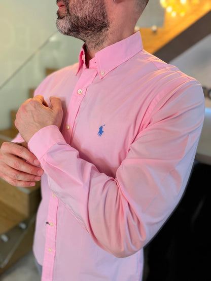 Camisa Polo R.L hombre Algodón Slim Fit Rosada Caballo Celeste