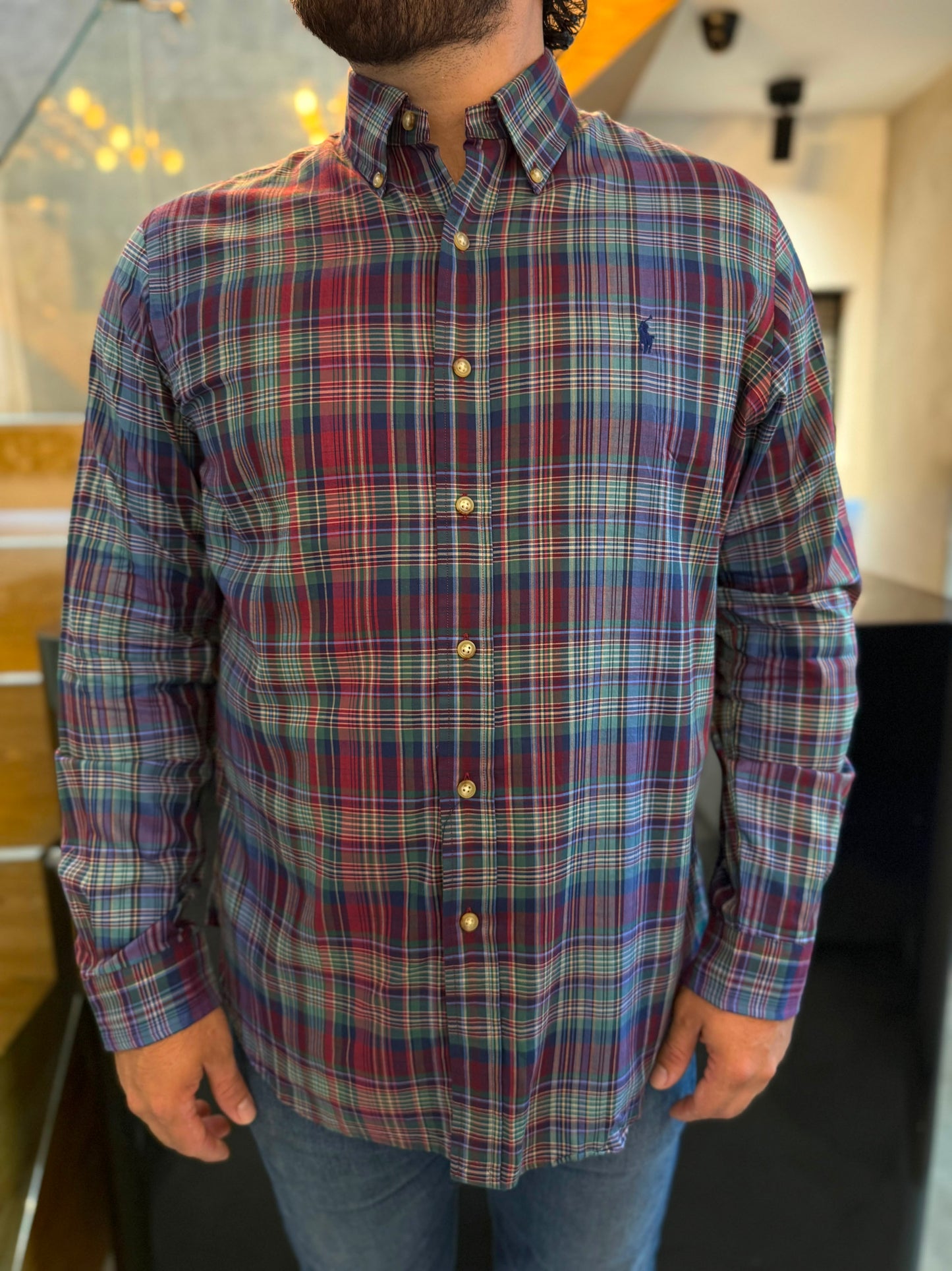 Camisa Polo R.L hombre Algodón Rayas Caballo Azul