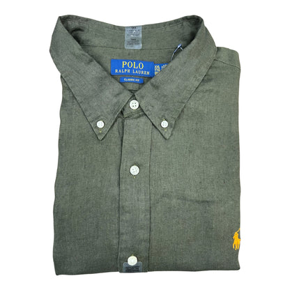 Camisa Polo R.L hombre Lino Verde Militar Caballo Naranja