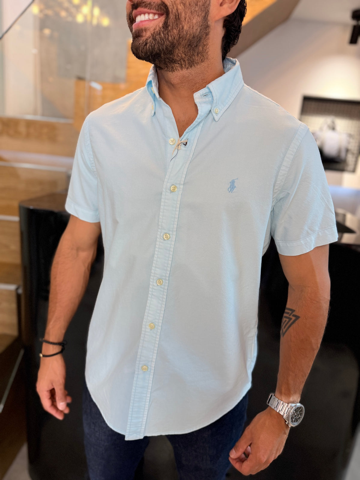 Camisa Polo R.L hombre Oxford Manga Corta Azul Cielo Caballo Celeste