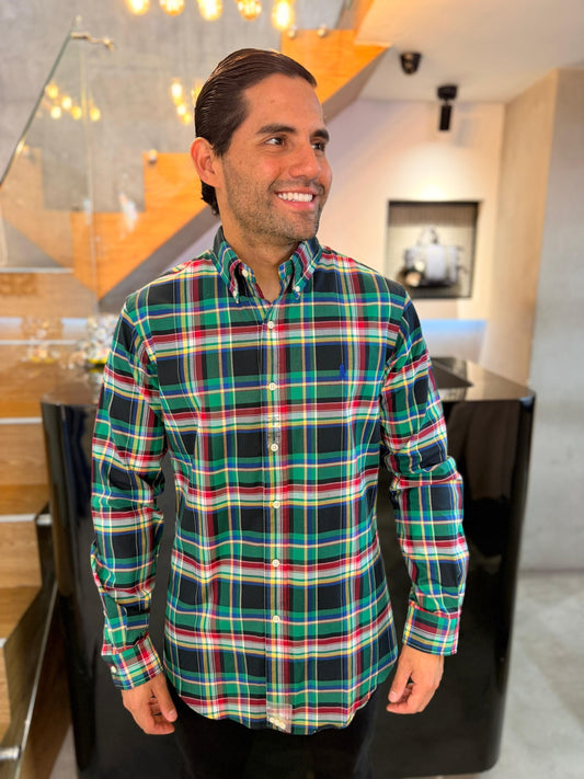 Camisa Polo R.L hombre Oxford Custom Fit Cuadros Colores Caballo Azul
