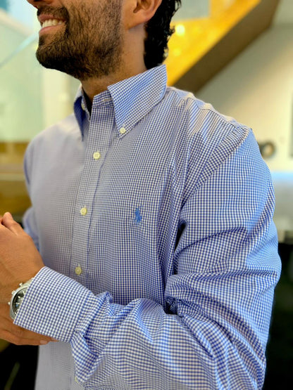 Camisa Polo R.L hombre Algodón Cuadros Celestes Caballo Celestes