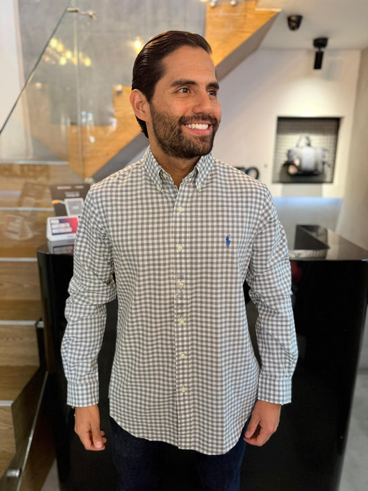 Camisa Polo R.L hombre Algodón Cuadros Grises Con Blanco Caballo Celeste