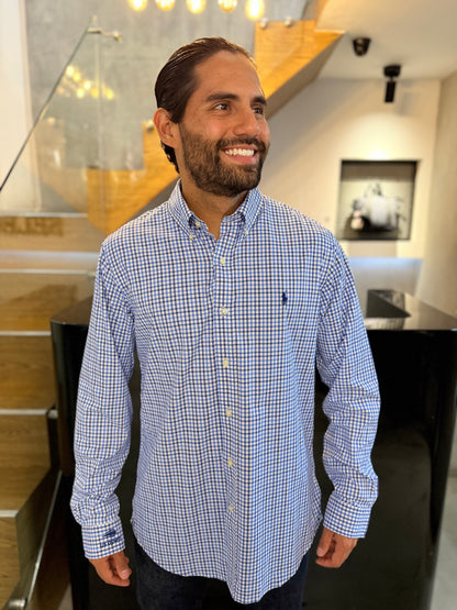 Camisa Polo R.L hombre Performance Cuadros Azules Con Blanco Caballo Azul