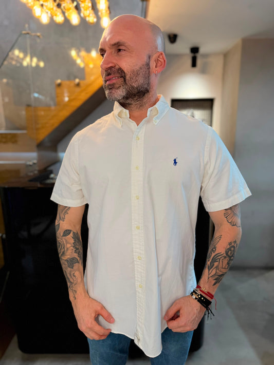 Camisa Polo R.L hombre Oxford Custom Fit Manga Corta Blanca Caballo Azul