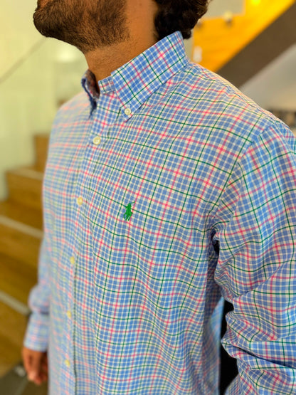 Camisa Polo R.L hombre Algodón Cuadros Celestes Con Rosa Caballo Verde