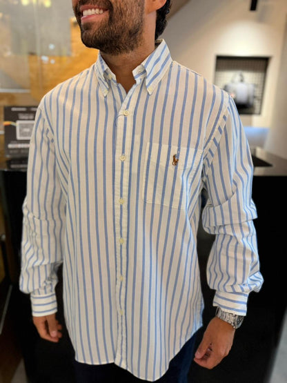 Camisa Polo R.L hombre Oxford Rayas Blancas Con Azul Caballo Multicolor