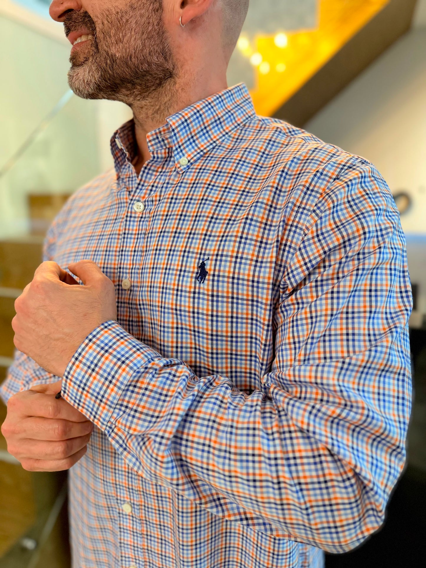 Camisa Polo R.L hombre Algodón Cuadros Naranjas Con Azul Caballo Azul