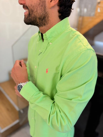 Camisa Polo R.L hombre Oxford Verde Neón Caballo Rosa Neón