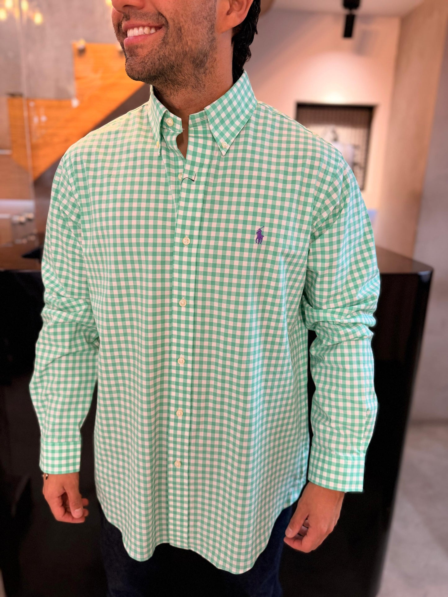 Camisa Polo R.L hombre Algodón Cuadros Verdes Caballo Morado