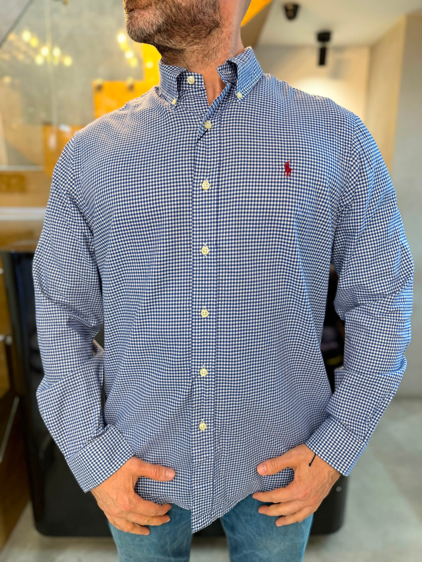 Camisa Polo R.L hombre Algodón Cuadros Azules Con Blanco Caballo Rojo
