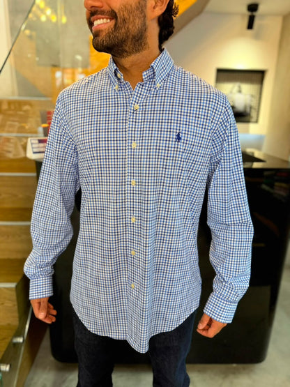 Camisa Polo R.L hombre Algodón Performance Cuadros Azules Con Blanco Caballo Azul