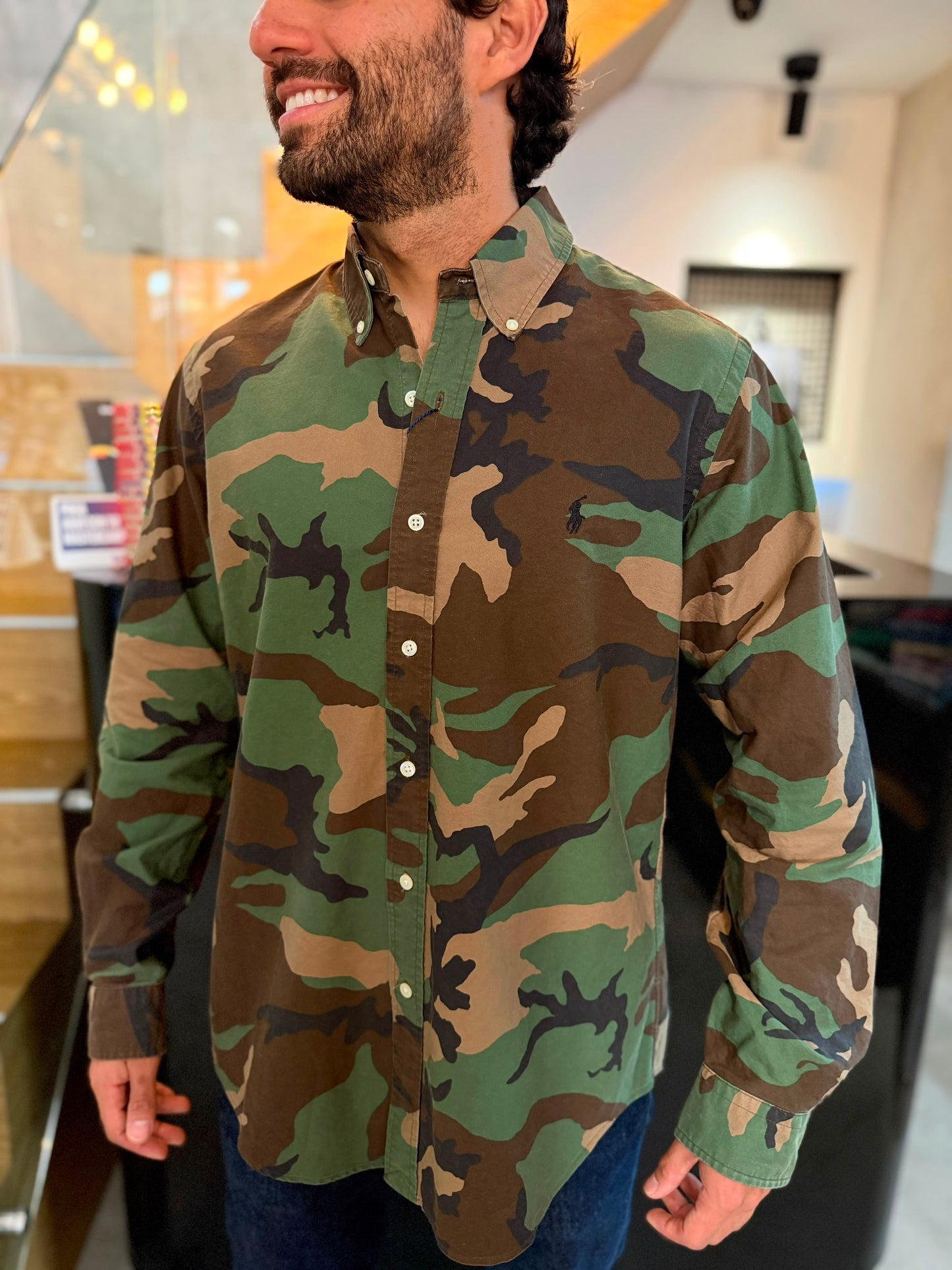 Camisa Polo R.L hombre Oxford Camuflada Caballo Negro