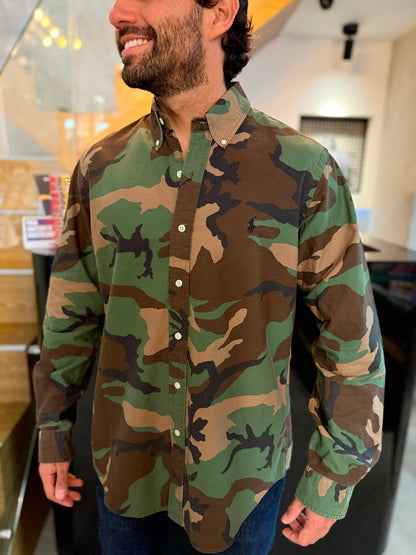 Camisa Polo R.L hombre Oxford Camuflada Caballo Negro