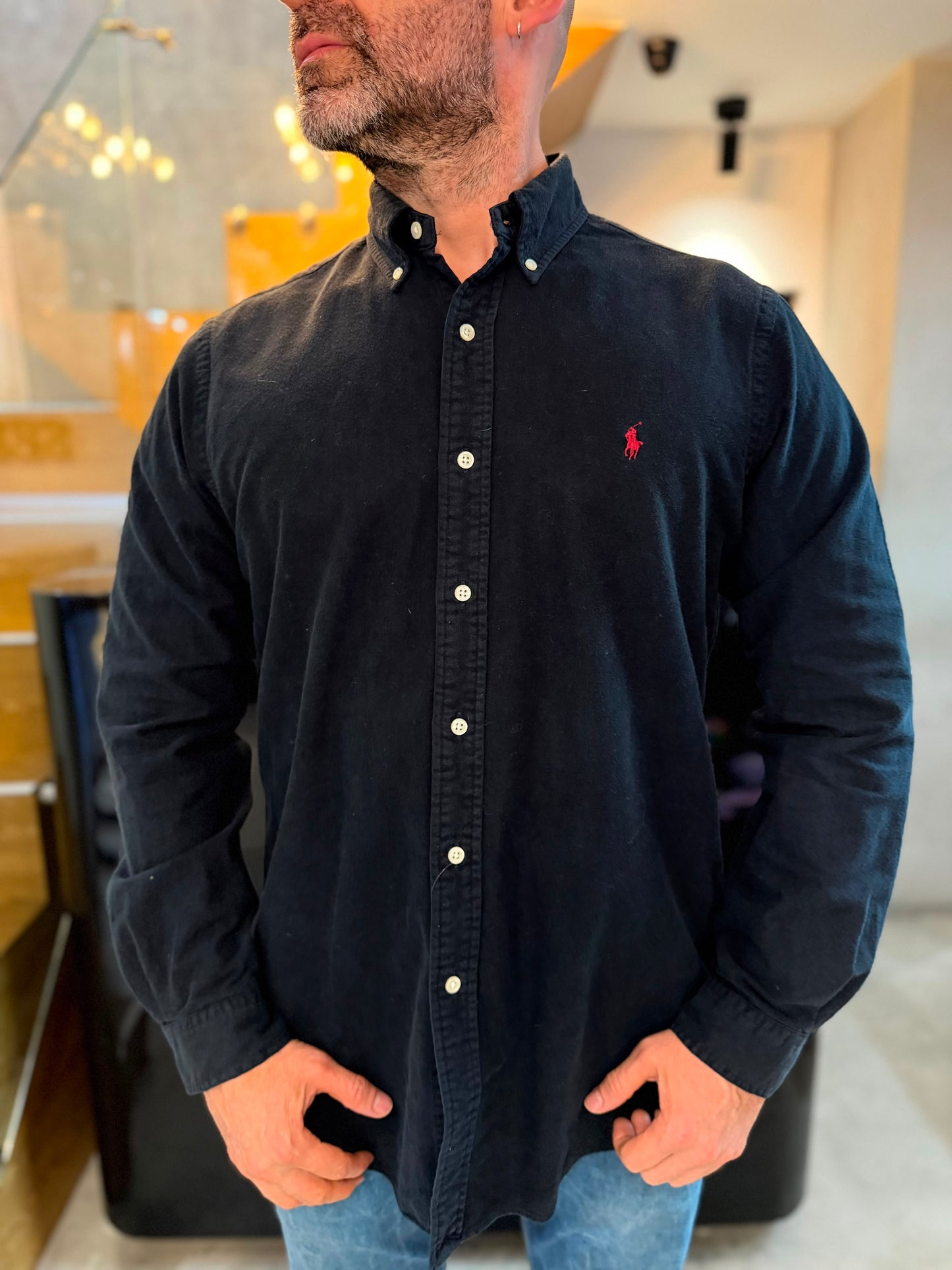 Camisa Polo R.L hombre Algodón Grueso Negra Caballo Rojo