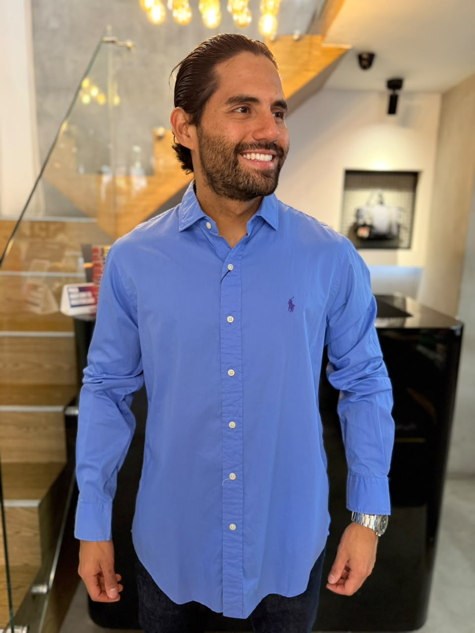 Camisa Polo R.L hombre Algodón Celeste Caballo Morado