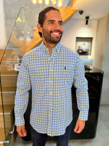 Camisa Polo R.L hombre Algodón Cuadros Amarillos Con Azul Caballo Azul