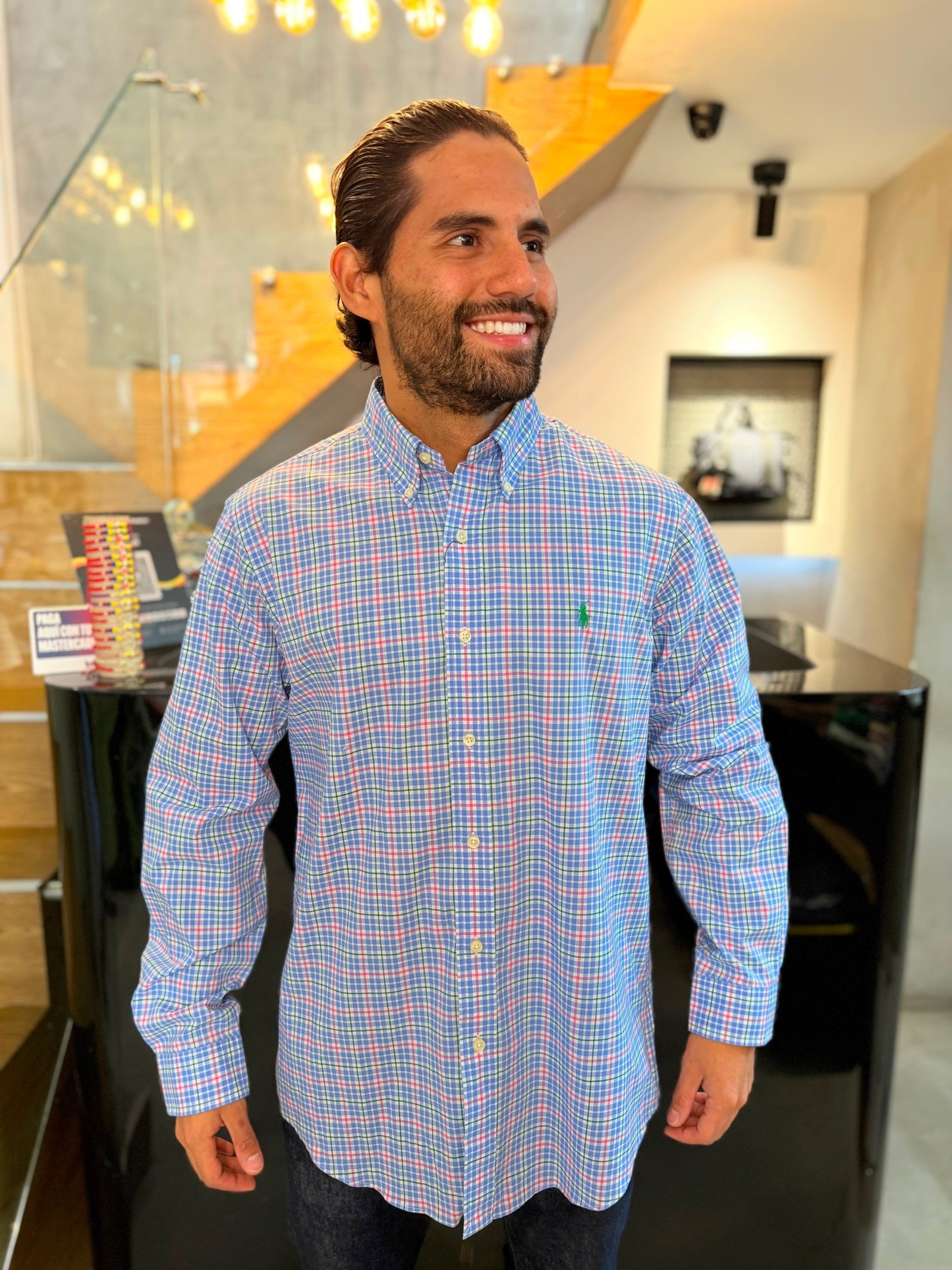 Camisa Polo R.L hombre Algodón Cuadros Celestes Con Rosa Caballo Verde