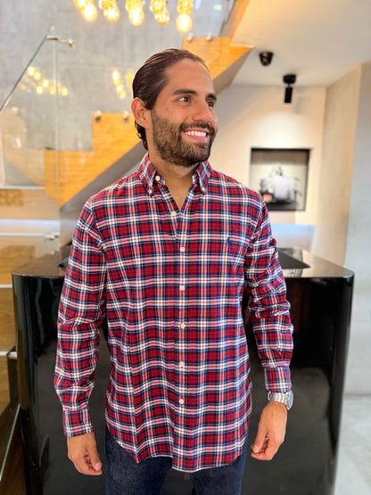 Camisa Polo R.L hombre Algodón Grueso Cuadros Rojos Con Blanco Caballo Azul