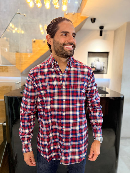 Camisa Polo R.L hombre Algodón Grueso Cuadros Rojos Con Blanco Caballo Azul