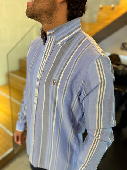 Camisa Polo R.L hombre Oxford Rayas Azules Caballo Multicolor