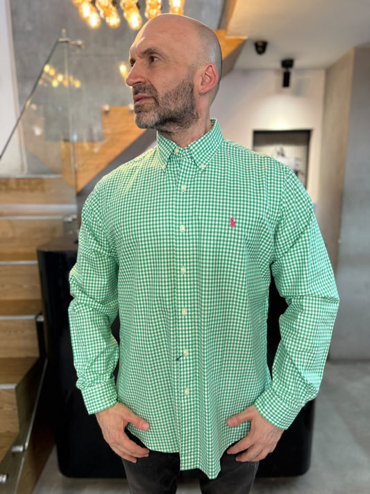 Camisa Polo R.L hombre Algodón Cuadros Verdes Con Blanco Caballo Fucsia