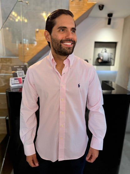 Camisa Polo R.L hombre Custom Fit Algodón Cuadros Blancos Con Rosado Caballo Azul