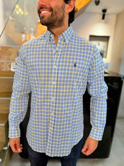 Camisa Polo R.L hombre Algodón Cuadros Amarillos Con Azul Caballo Azul