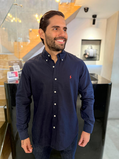 Camisa Polo R.L hombre Oxford Azul Oscura Caballo Rojo