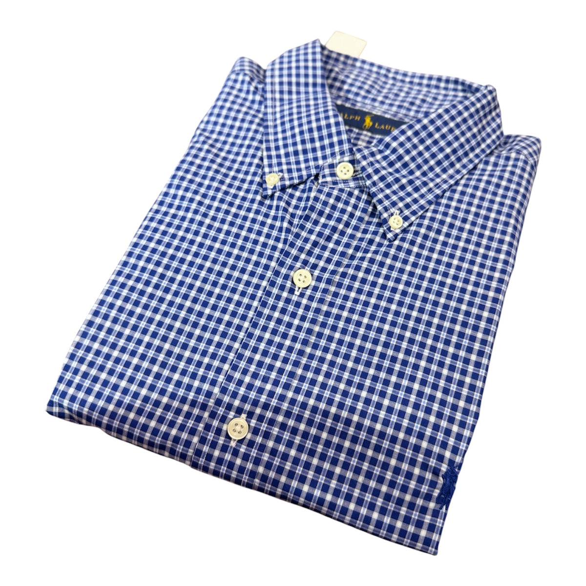 Camisa Polo R.L hombre Algodón Cuadros Azules Con Blanco Caballo Azul