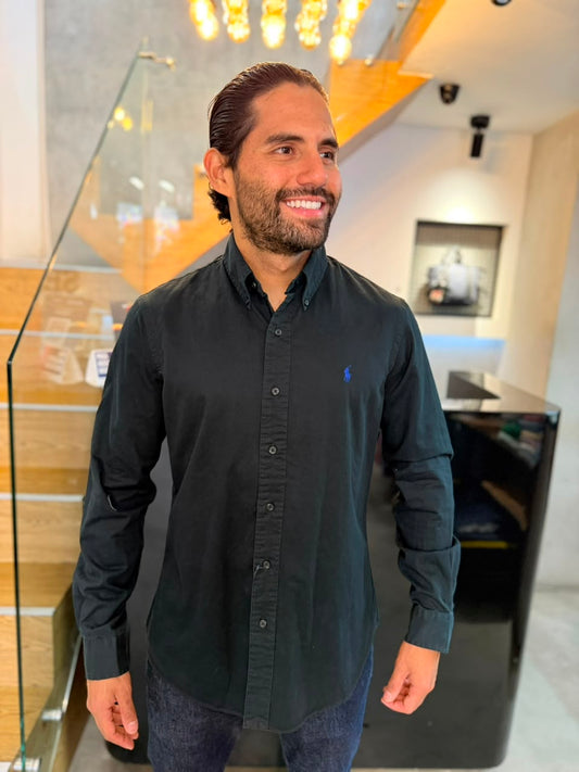 Camisa Polo R.L hombre Algodón Custom Fit Negro Caballo Azul Rey