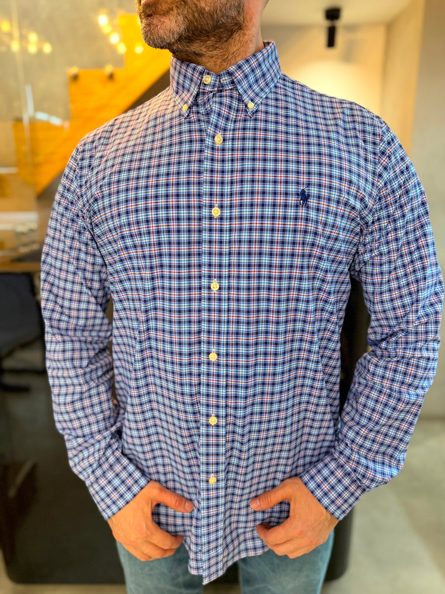 Camisa Polo R.L hombre Algodón Performance Cuadros Azules Caballo Azul