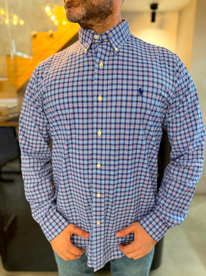 Camisa Polo R.L hombre Algodón Performance Cuadros Azules Caballo Azul