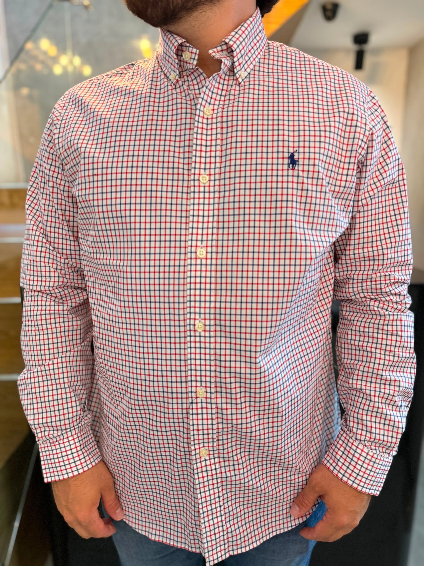 Camisa Polo R.L hombre Algodón Cuadros Rojos Caballo Azul