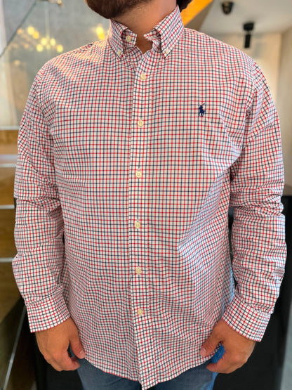 Camisa Polo R.L hombre Algodón Cuadros Rojos Caballo Azul