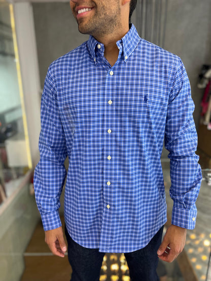 Camisa Polo R.L hombre Algodón Cuadros Azules Caballo Azul