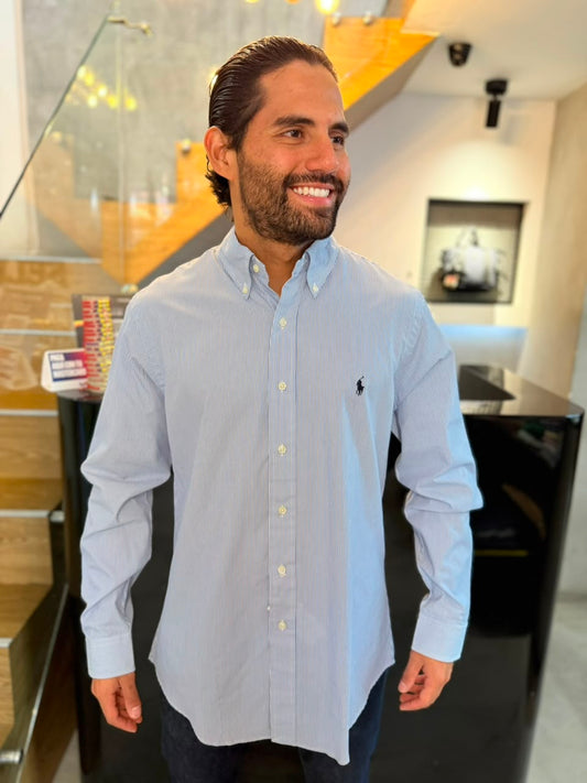 Camisa Polo R.L hombre Algodón Custom Fit Rayas Celestes Con Blanco Caballo Negro