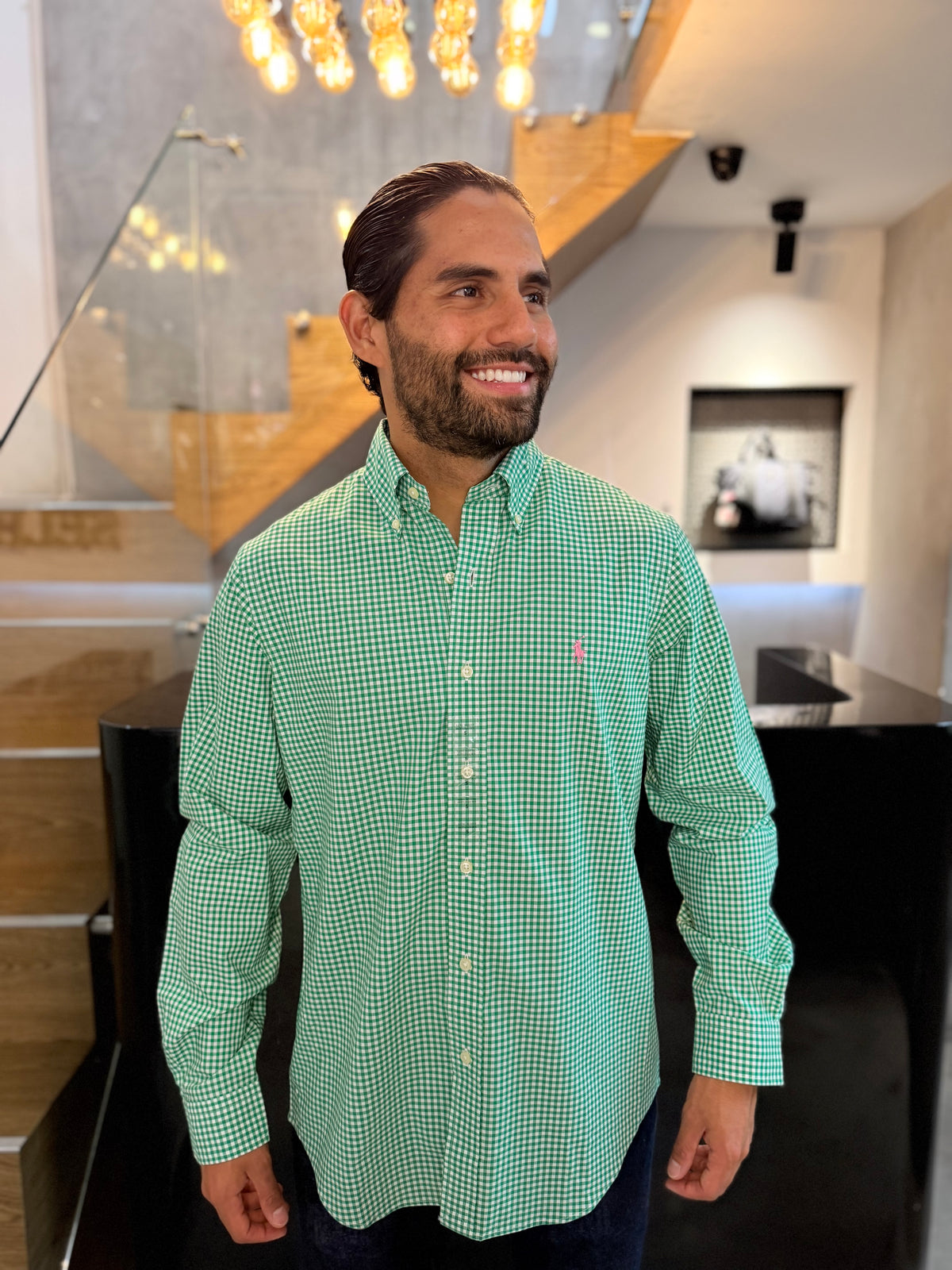 Camisa Polo R.L hombre Algodón Cuadros Verdes Con Blanco Caballo Rosa