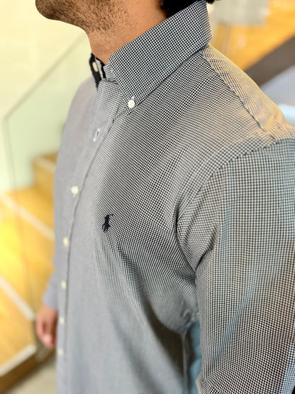 Camisa Polo R.L hombre Algodón Cuadros Negros Con Blanco Caballo Negro