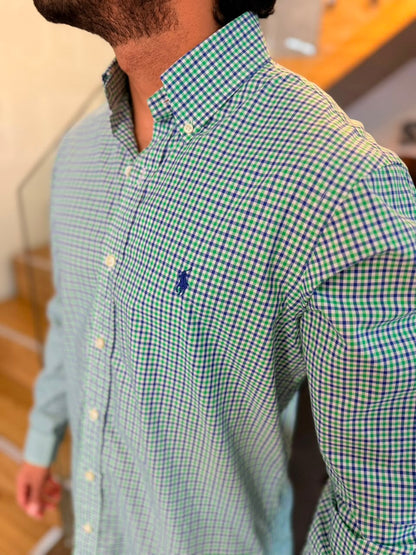 Camisa Polo R.L hombre Algodón Cuadros Verdes Con Azul Caballo Azul