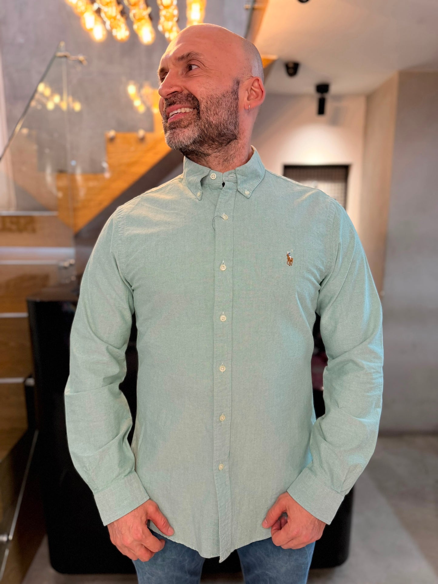 Camisa Polo R.L hombre Oxford Slim Fit Verde Pastel Caballo Multicolor