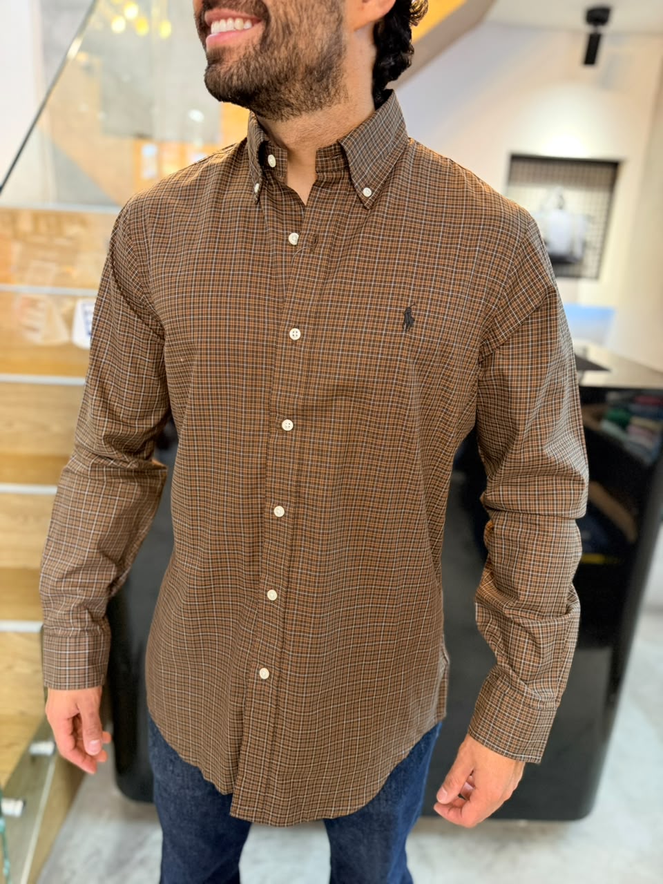 Camisa Polo R.L hombre Algodón Cuadros Cafés Caballo Negro