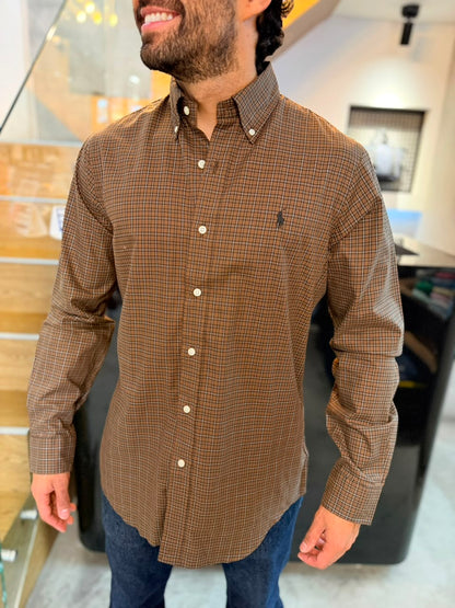 Camisa Polo R.L hombre Algodón Cuadros Cafés Caballo Negro