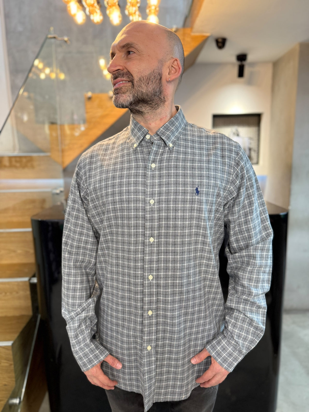 Camisa Polo R.L hombre Algodón Cuadros Grises Con Blanco Caballo Azul