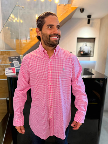 Camisa Polo R.L hombre Algodón Cuadros Rosados Con Blanco Caballo Verde Menta