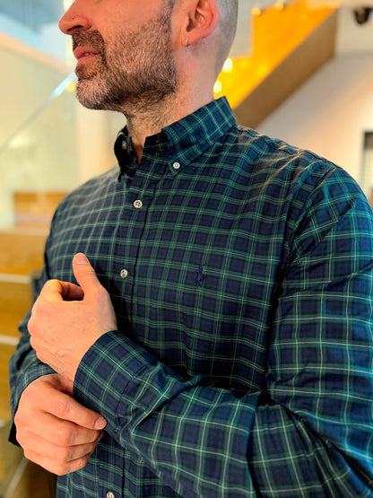 Camisa Polo R.L hombre Algodón Cuadros Azules Con Verde Caballo Azul