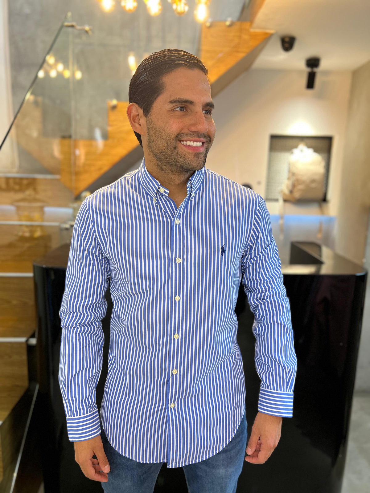 Camisa Polo R.L hombre Algodón Slim Fit Rayas Celestes